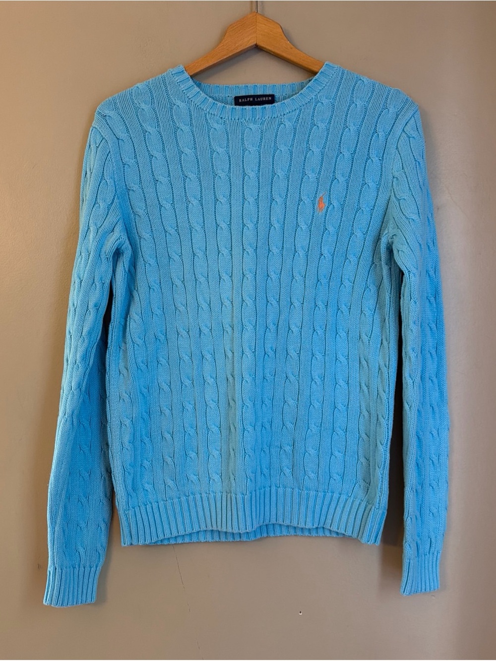 Vtg Ralph Lauren Women’s Cable Knit Cotton Sweater Medium Blue Hong Kong